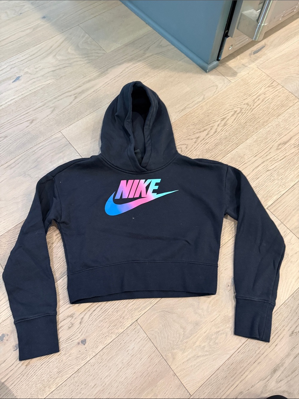 Nike Black Cropped Hoodie with Blue-to-Pink Gradient Logo